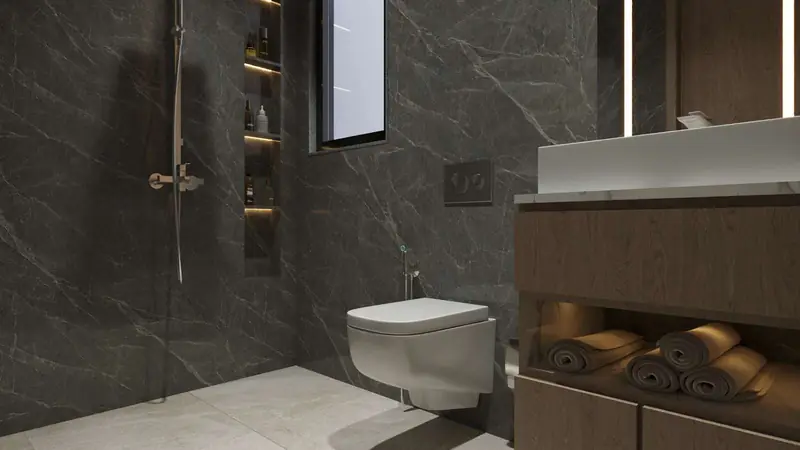 Bathroom with stone-finish walls