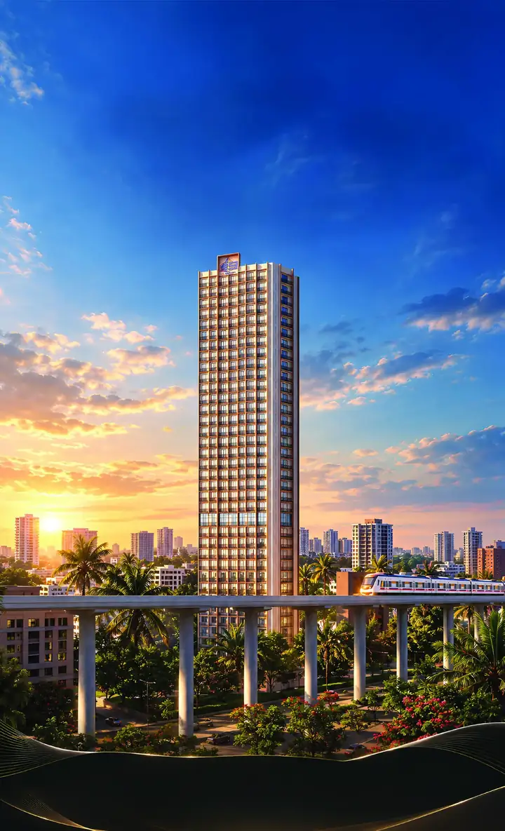 Sky Citadel tower at sunset beside the Metro Line 9 viaduct, Mira Road
