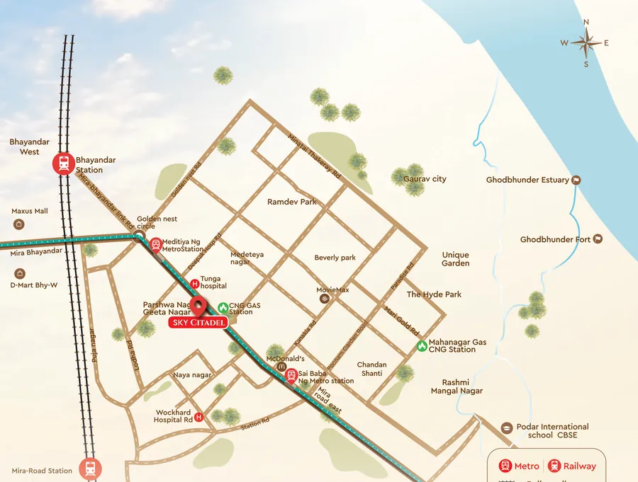 Location map of Sky Citadel at Parshwa Nagar on the Mira-Bhayandar Road, beside the Metro line
