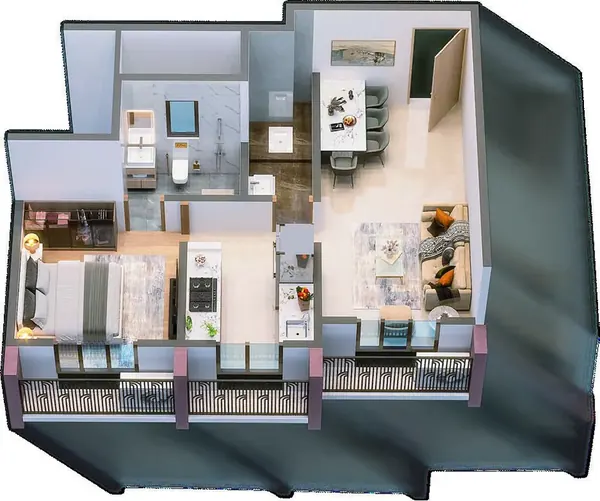 1 BHK floor plan, 413 sq.ft. RERA carpet