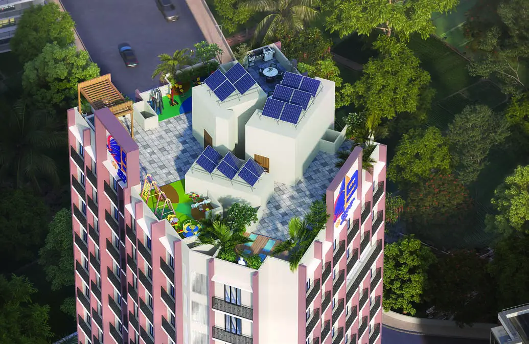 Aerial view of the rooftop with solar panels and kids' play area